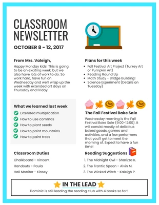 Free  Template: Weekly Classroom Newsletter