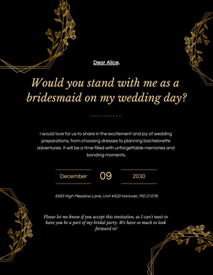 Free  Template: Einfache Brautjungfern-Einladung in Schwarz und Gold