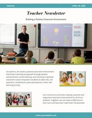 Free  Template: Blanc Sarcelle Vert Enseignant Construire une salle de classe positive Bulletin d'information