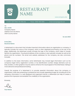 Free  Template: White And Green Pastel Modern Restaurant Letterhead Template