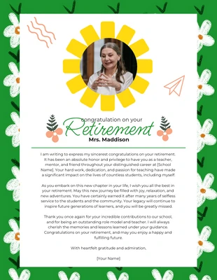 Free  Template: Green and Yellow Retirement Letter Card Template