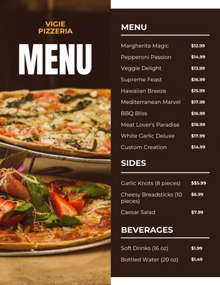 premium  Template: Menu de pizza com foto simples marrom escuro