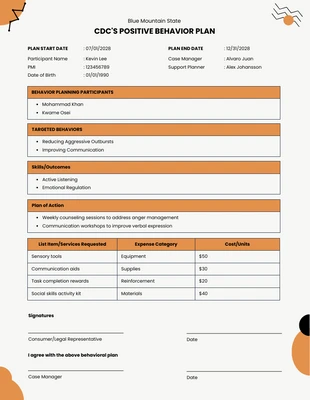 Free  Template: Professioneller CDC-Plan für positives Verhalten in Orange und Schwarz