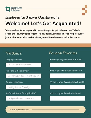 Free interactive Template: Ice Breaker Questionnaire for Team Engagement HR Forms