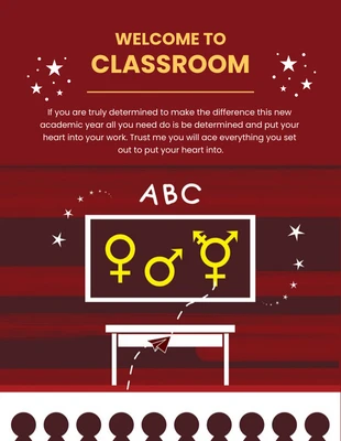 Free  Template: Cartel de bienvenida al aula con ilustración juguetona roja y amarilla