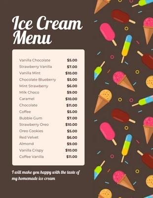 Free  Template: Menú de postres con patrón de helado moderno marrón oscuro
