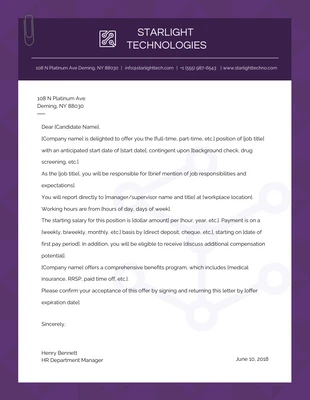 Free  Template: Purple simple minimalist technology Offer Letter
