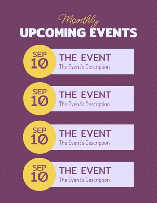 Free  Template: Purple Simple Monthly Upcoming Events Schedule Template (Modèle de calendrier mensuel des événements à venir)