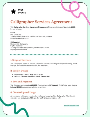 Free interactive Template: Plantilla de contrato para calígrafo.