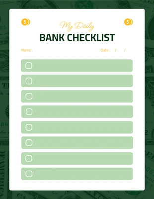 Free  Template: Liste de contrôle de la banque quotidienne Green Modern