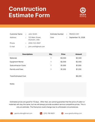 Free  Template: Red and Orange Simple Construction Estimate