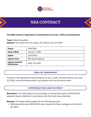 Free  Template: Plantilla de contrato de la NBA
