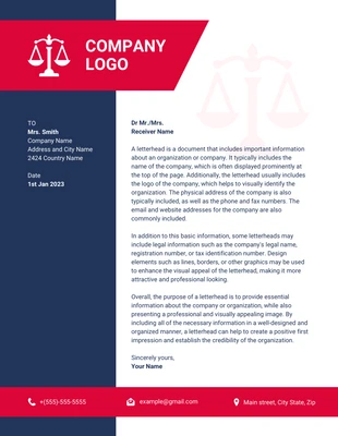 Free  Template: Blue And Red Minimalist Law Firm Letterhead Template (Modèle de papier à en-tête pour cabinet d'avocats)