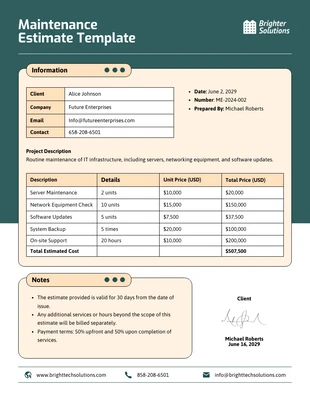 business  Template: Modelo de estimativa de manutenção