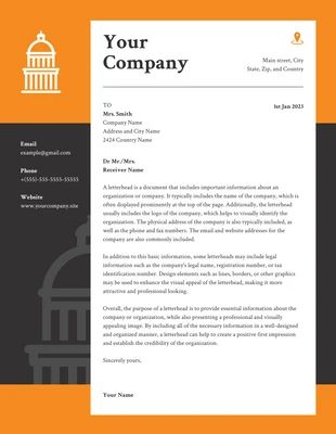 Free  Template: Modèle de papier à en-tête de cabinet d'avocats moderne, noir et orange