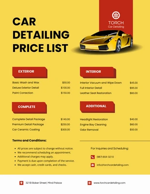 business  Template: قوائم أسعار تفصيلية بسيطة للسيارات باللونين الأحمر والأصفر