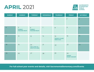 School Monthly Calendar Schedule