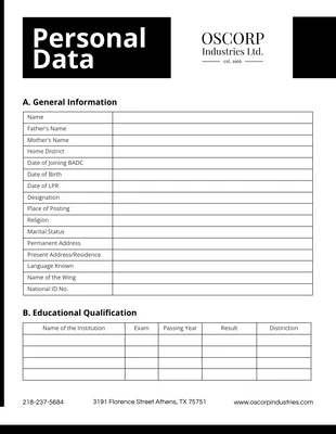 Free  Template: Formulaires de données personnelles minimalistes en noir et blanc