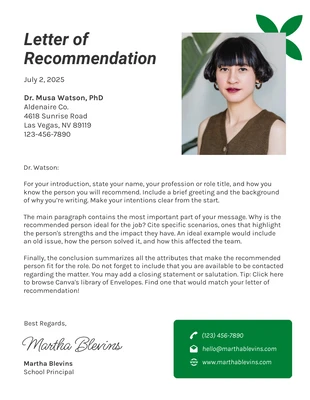 Free  Template: White And Green Professional Recommendation Letters