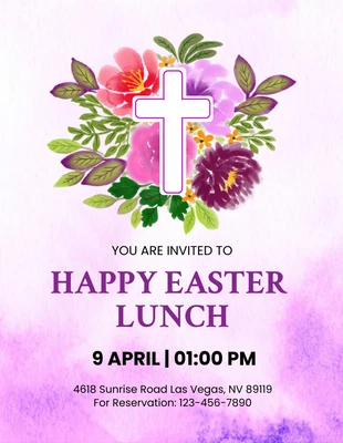 Free  Template: Volantino di invito al pranzo di Pasqua floreale dell'acquerello bianco e viola