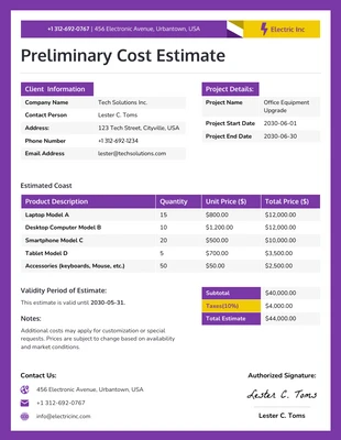 premium  Template: نموذج تقدير التكلفة الأولي