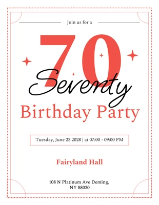 Free  Template: Convites de festas de aniversário minimalistas brancos, pretos e vermelhos de 70 anos