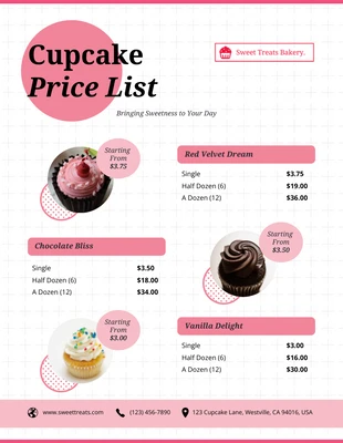 Free  Template: Modèle de liste de prix des cupcakes