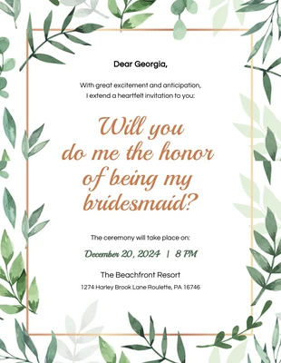 Free  Template: Green Floral Bridesmaid Invitation