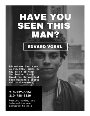 Free  Template: Flyer branco simples com foto de pessoa desaparecida