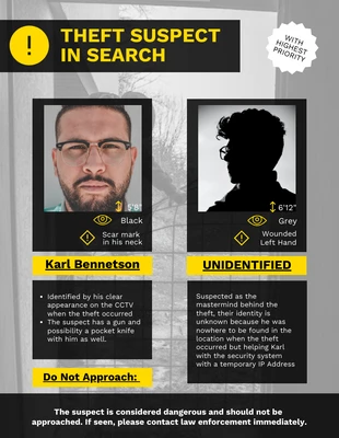 Free  Template: Poster ricercato per il sospetto di furto nero e giallo