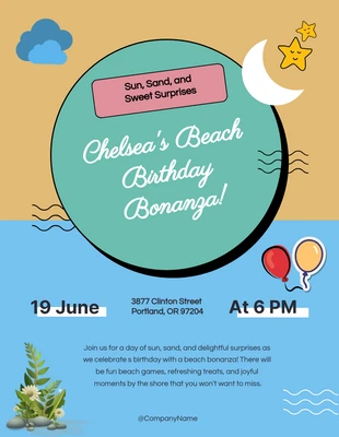Free  Template: دعوة عيد ميلاد على الشاطئ باللون الأزرق والكريمي