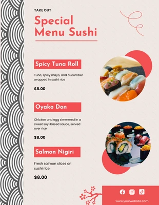 Free  Template: Menu simples de comida japonesa rosa vermelha e sushi para viagem