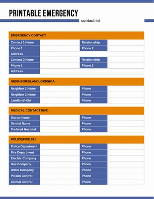 premium  Template: نماذج قائمة اتصالات الطوارئ البسيطة القابلة للطباعة باللون الأزرق والبرتقالي