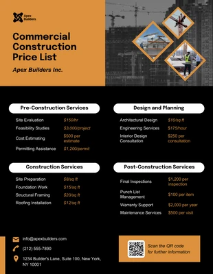 business interactive Template: Plantilla de lista de precios para construcción comercial.