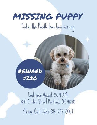 Free  Template: Weißes und blaues Bio-Poster „Missing Puppy“.