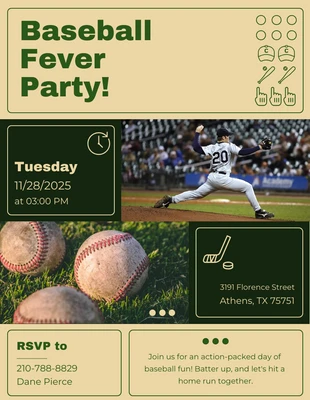 Free  Template: Invitación a la fiesta de béisbol de color verde oscuro y amarillo