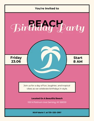 Free  Template: Moderne rosa und ozeanblaue Strand-Geburtstagsparty-Einladungen