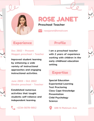 Free  Template: Rosa e bianco carino giocoso curriculum professionale insegnante