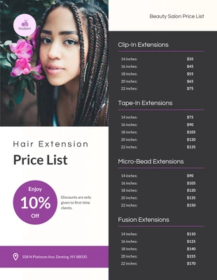 Free  Template: Plantilla de lista de precios de extensiones de cabello