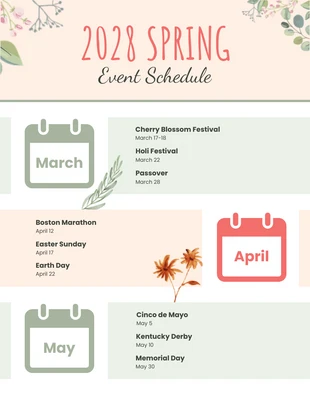Free  Template: Plantilla de calendario de eventos de primavera en verde suave y melocotón