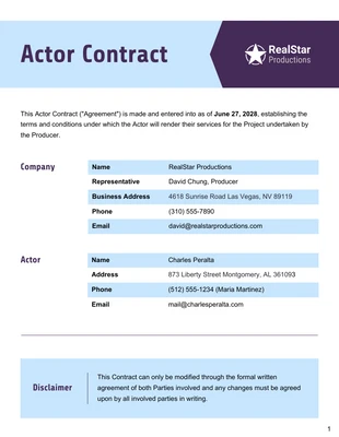 Free  Template: Plantilla de contrato de actor.