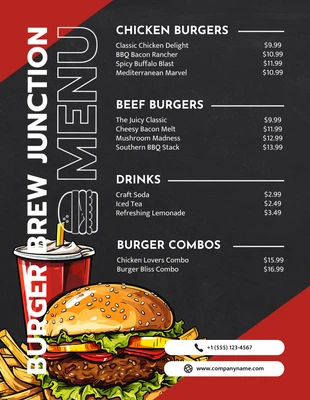 premium  Template: Menu de hambúrguer com ilustração moderna em preto e vermelho