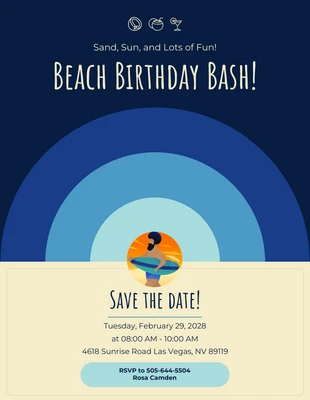 Free  Template: دعوة لحفلة عيد ميلاد على الشاطئ الأزرق والشاحب