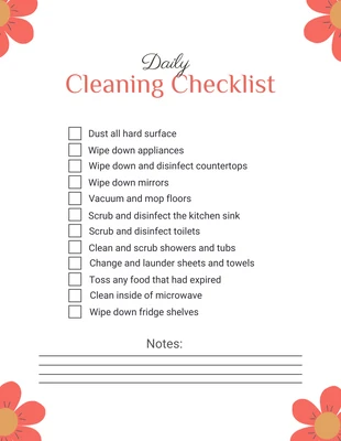 Free  Template: White Simple Floral Daily Cleaning Checklist