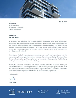 Free  Template: White And Blue Modern Real Estate Letterhead Template