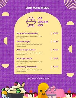 Free  Template: Crema morada y amarilla nuestro menú principal helado