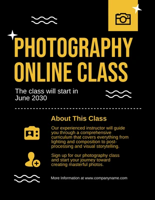 Free  Template: Folheto da aula on-line de fotografia minimalista em preto