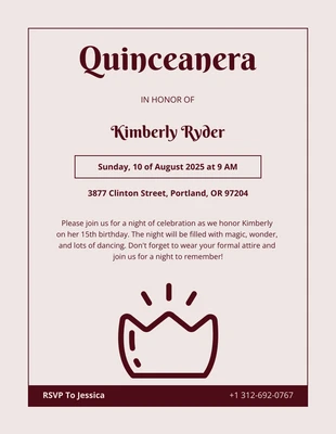 Free  Template: Creme Maroon Vektor Quinceanera Party-Einladung