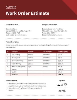 Free  Template: Work Order Estimate Template