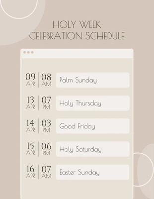 Free  Template: Beige Minimalist Holy Week Celebration Schedule Template (Modèle d'horaire de célébration de la Semaine Sainte minimaliste)